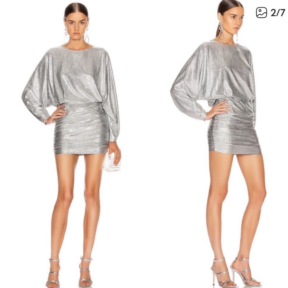 IRO Silar Mini Dress Metallic Silver Blouson Dolman Sleeves Ruching 36 / US 4